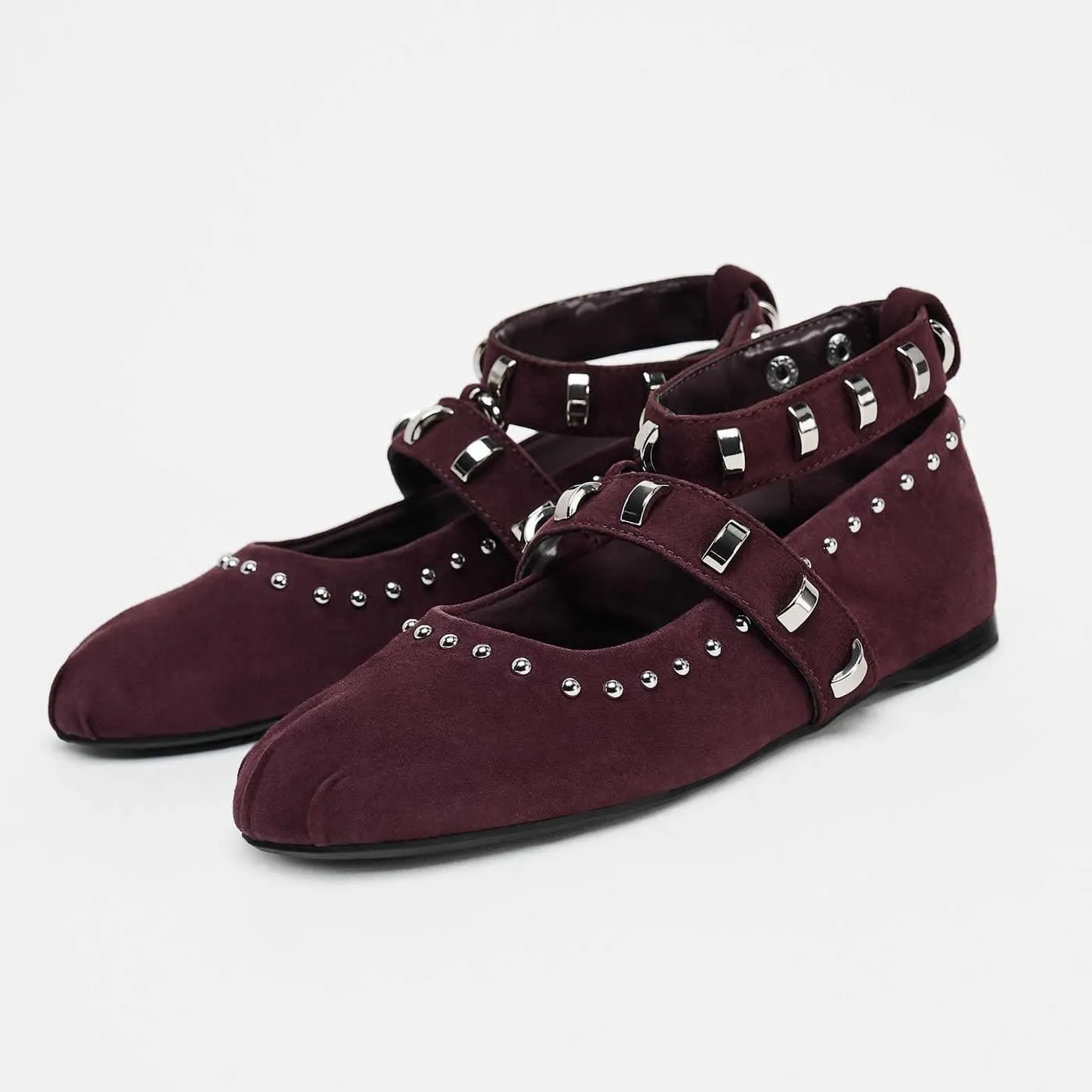 Kluolandi Women's Studded Flats with Strap Round Toe Ankle Strap Ballet Flats Shoes for Women Ballerinas