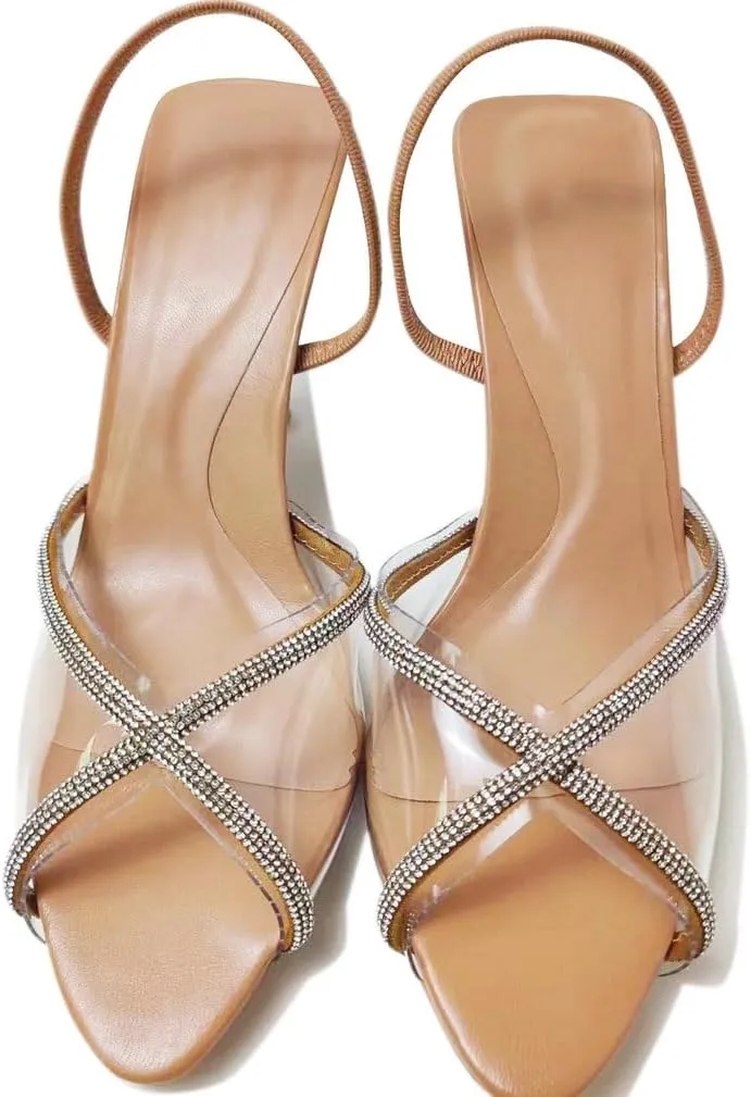 KOKOMOMO Clear Sparkly Rhinestone Heels Open Toe Slingback Heels Wedding Dress Pumps