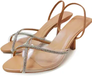 KOKOMOMO Clear Sparkly Rhinestone Heels Open Toe Slingback Heels Wedding Dress Pumps
