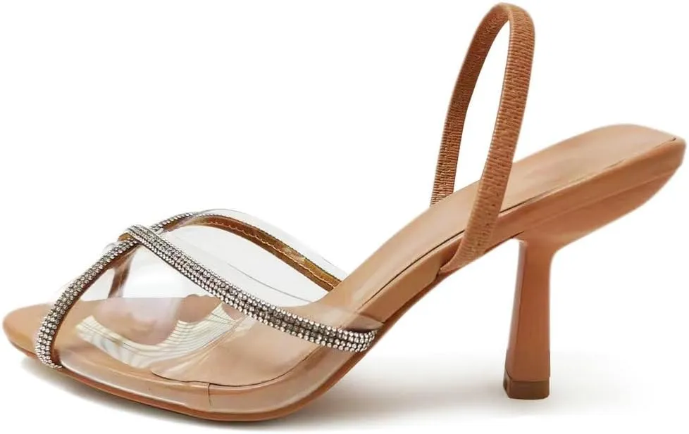 KOKOMOMO Clear Sparkly Rhinestone Heels Open Toe Slingback Heels Wedding Dress Pumps