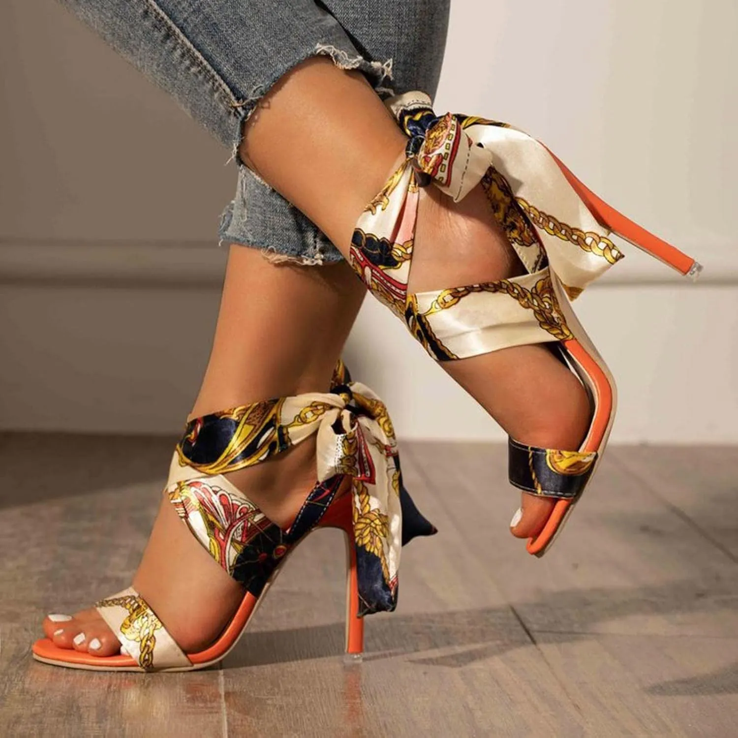 Lace-up High Heels Gladiator Sandals for Women Casual Summer, Women's Roman Style Cloth Tie up Stiletto Heels, Trendy Sexy Strappy Peep Toe High Heel Sandals