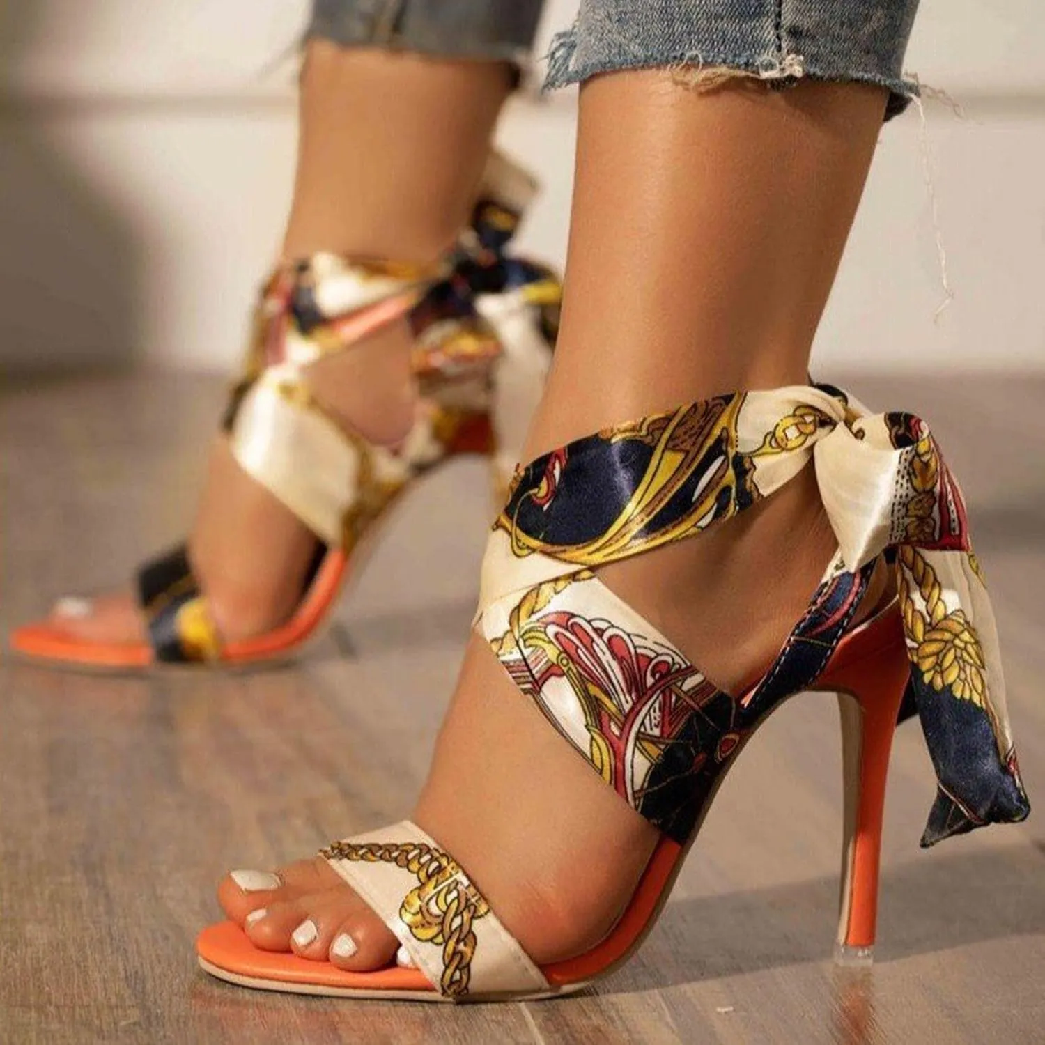 Lace-up High Heels Gladiator Sandals for Women Casual Summer, Women's Roman Style Cloth Tie up Stiletto Heels, Trendy Sexy Strappy Peep Toe High Heel Sandals