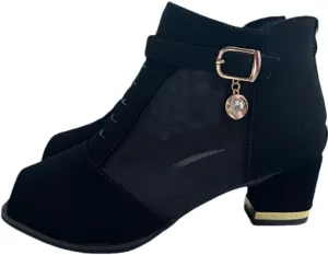 Ladies' mesh open-toe ankle boots with thick heels - Fashionable rear zipper design, breathable and comfortable high heels suitable for all seasons