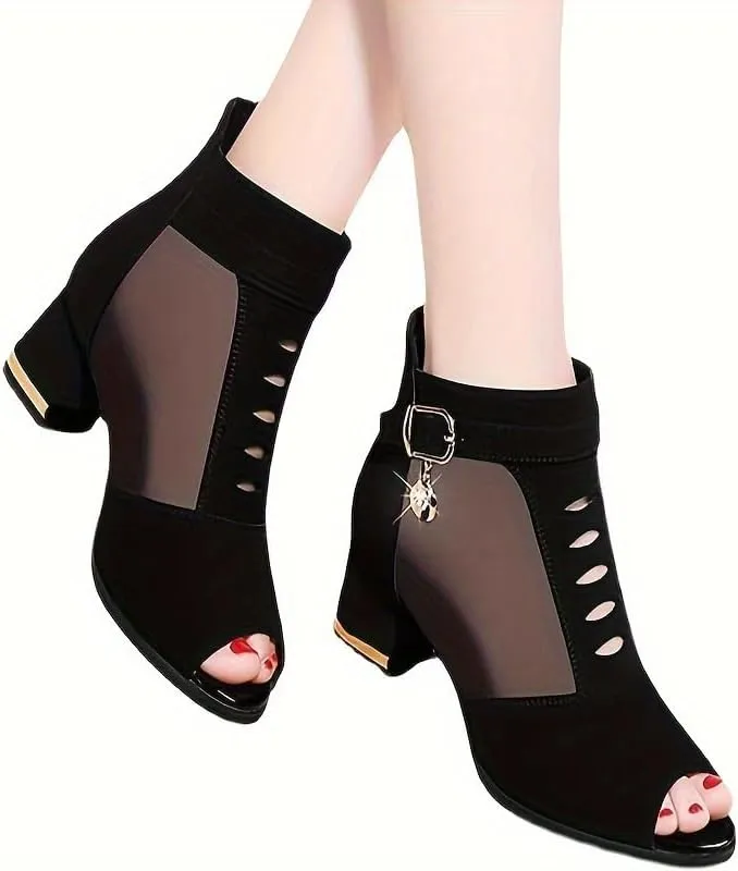 Ladies' mesh open-toe ankle boots with thick heels - Fashionable rear zipper design, breathable and comfortable high heels suitable for all seasons