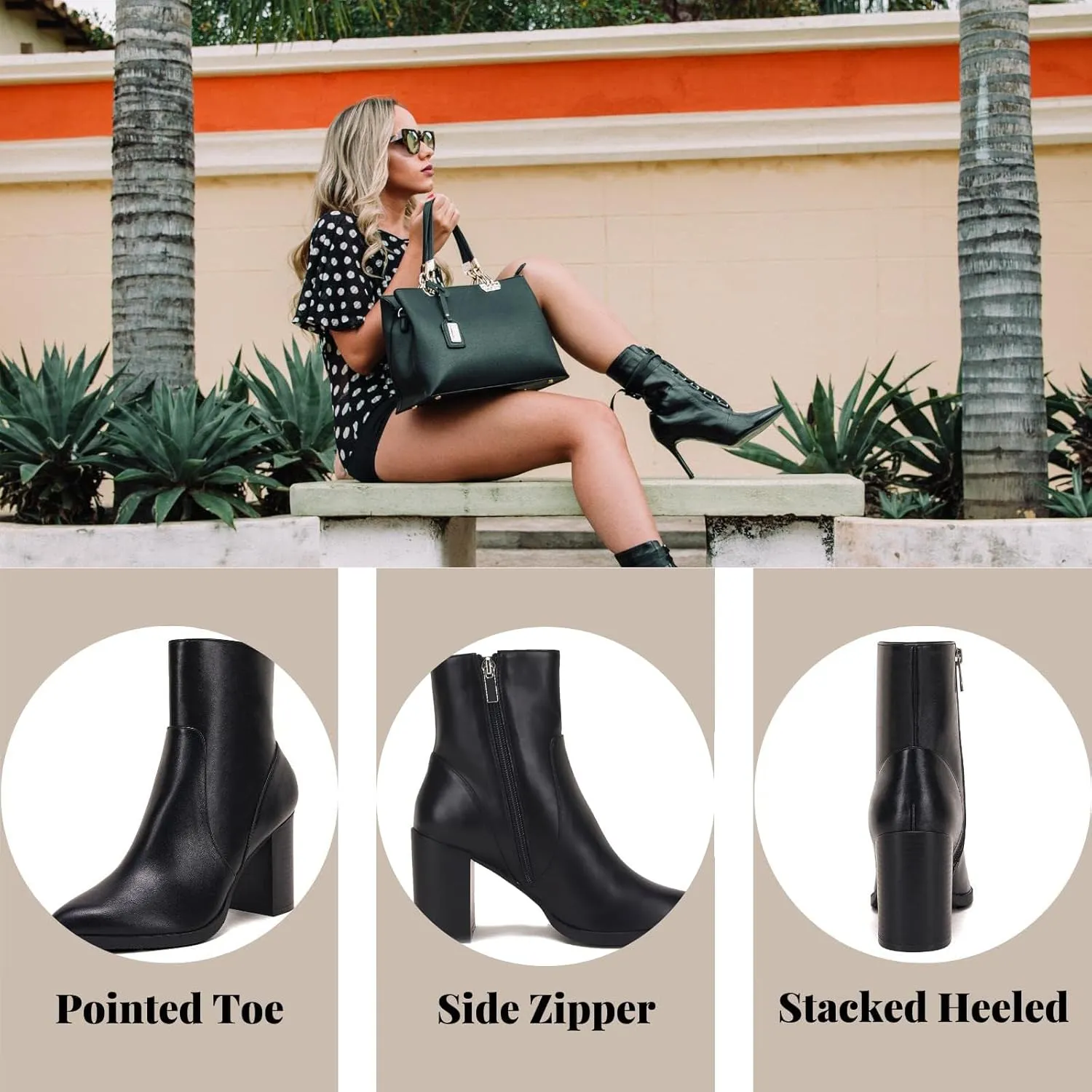 LAICIGO Women's Pointed Toe Ankle Boots Chunky Stacked Heel Side Zipper Faux Leather Ankle Booties