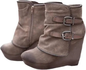 Lausiuoe Wedge Booties For Women Closed Toe Ankle Boots Slip on Heeled Casual Fashion Western Platform Fall Booties
