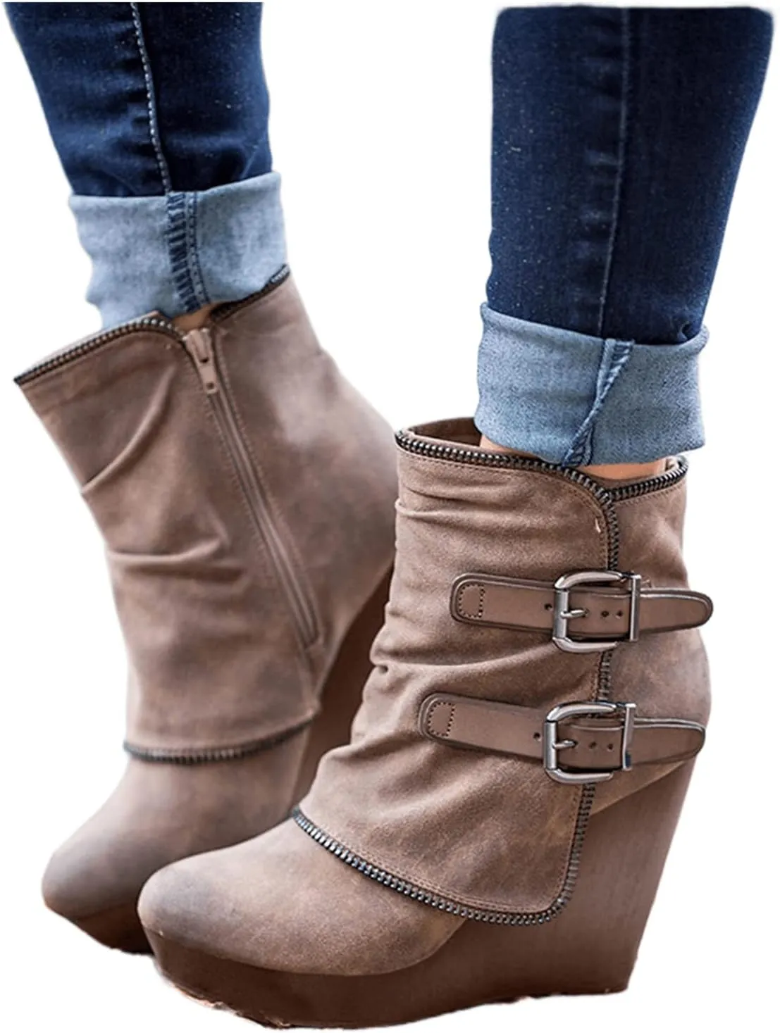 Lausiuoe Wedge Booties For Women Closed Toe Ankle Boots Slip on Heeled Casual Fashion Western Platform Fall Booties
