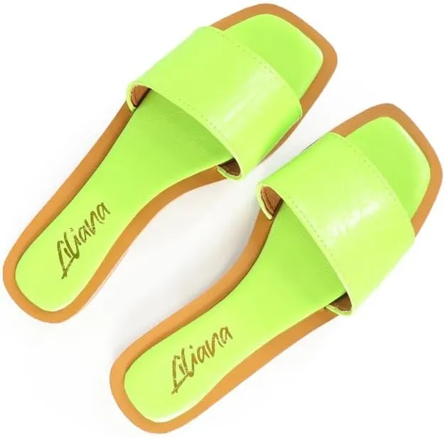 Liliana Women's Comfortable Slip-on Block Square Toe Flat Sandals with Cushioned Footbed - Perfect for Summer Beach Vacation Outfits, MINDEE-2