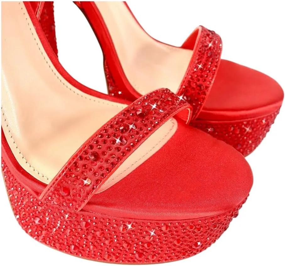 Liliana Womens Rhinestones Ankle Strap Chunky High Heels Sandals