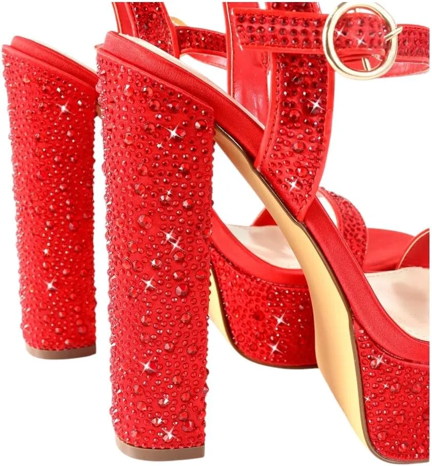Liliana Womens Rhinestones Ankle Strap Chunky High Heels Sandals