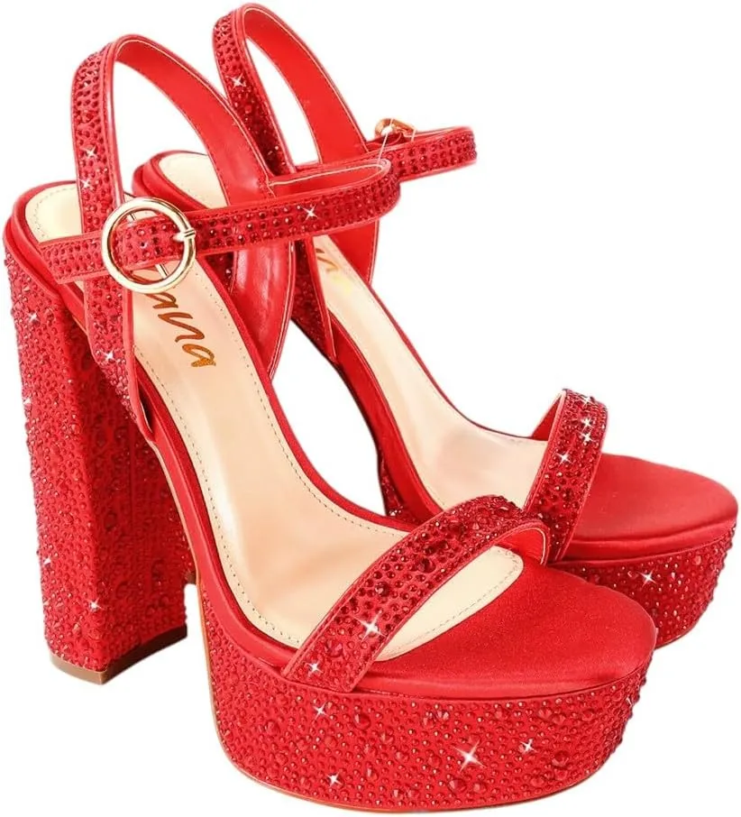 Liliana Womens Rhinestones Ankle Strap Chunky High Heels Sandals