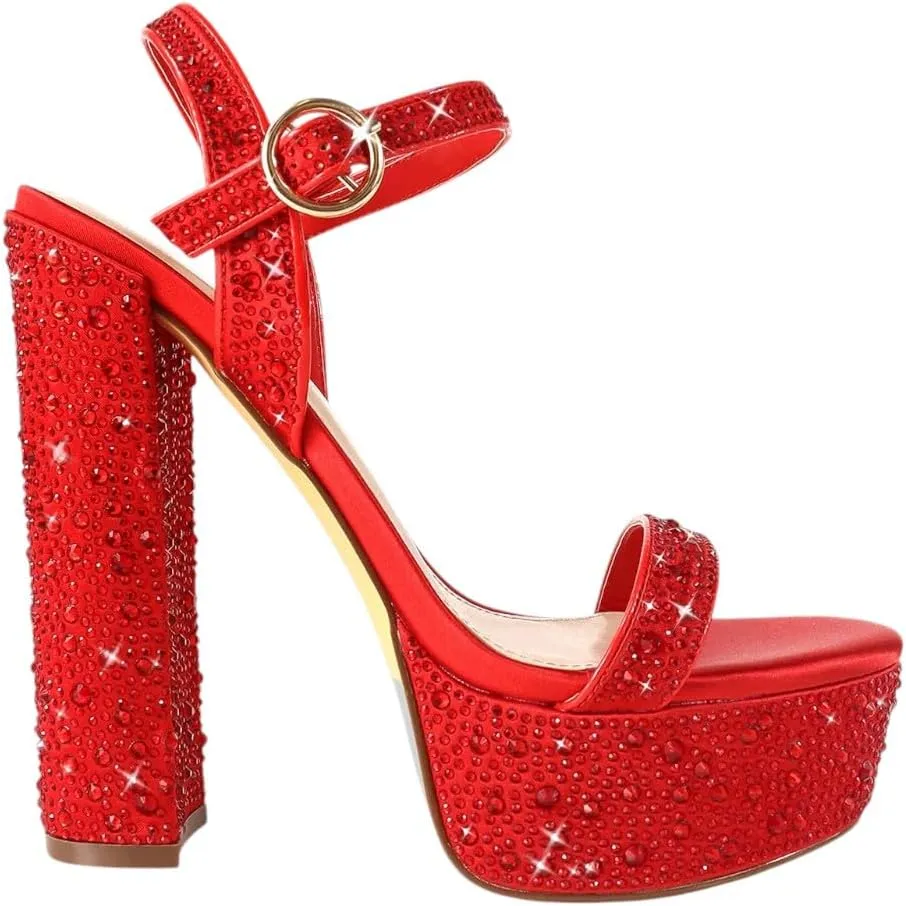 Liliana Womens Rhinestones Ankle Strap Chunky High Heels Sandals