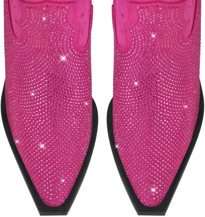 LISHAN Women's Bling bling Heel Knee High Boots Rhinestone Chunky Block Heel Pull on Shoes