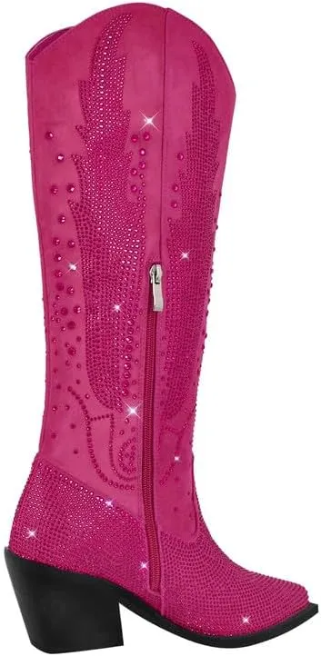 LISHAN Women's Bling bling Heel Knee High Boots Rhinestone Chunky Block Heel Pull on Shoes
