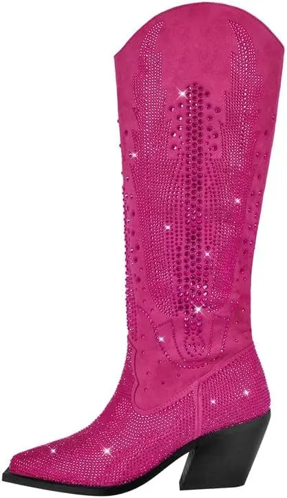 LISHAN Women's Bling bling Heel Knee High Boots Rhinestone Chunky Block Heel Pull on Shoes