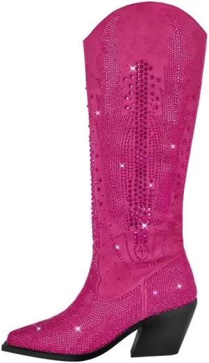 LISHAN Women's Bling bling Heel Knee High Boots Rhinestone Chunky Block Heel Pull on Shoes