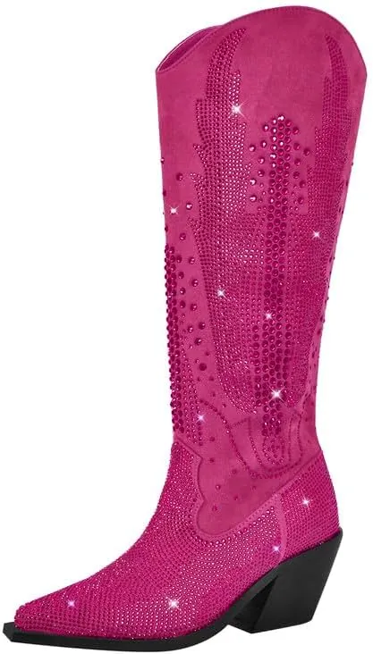 LISHAN Women's Bling bling Heel Knee High Boots Rhinestone Chunky Block Heel Pull on Shoes