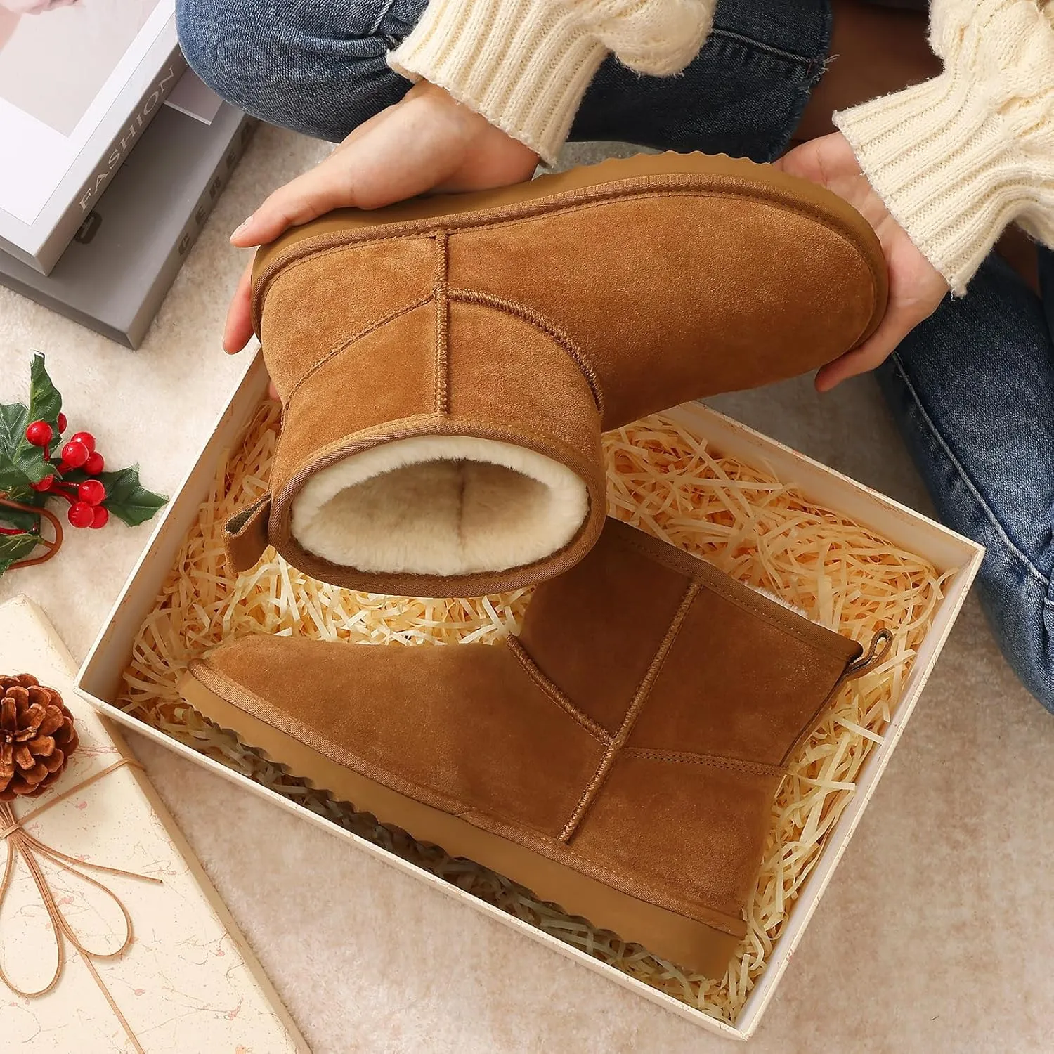 Litfun Suede Mini Boots for Women Winter Warm Fuzzy Boots Comfort Snow Boots with Fur Lined