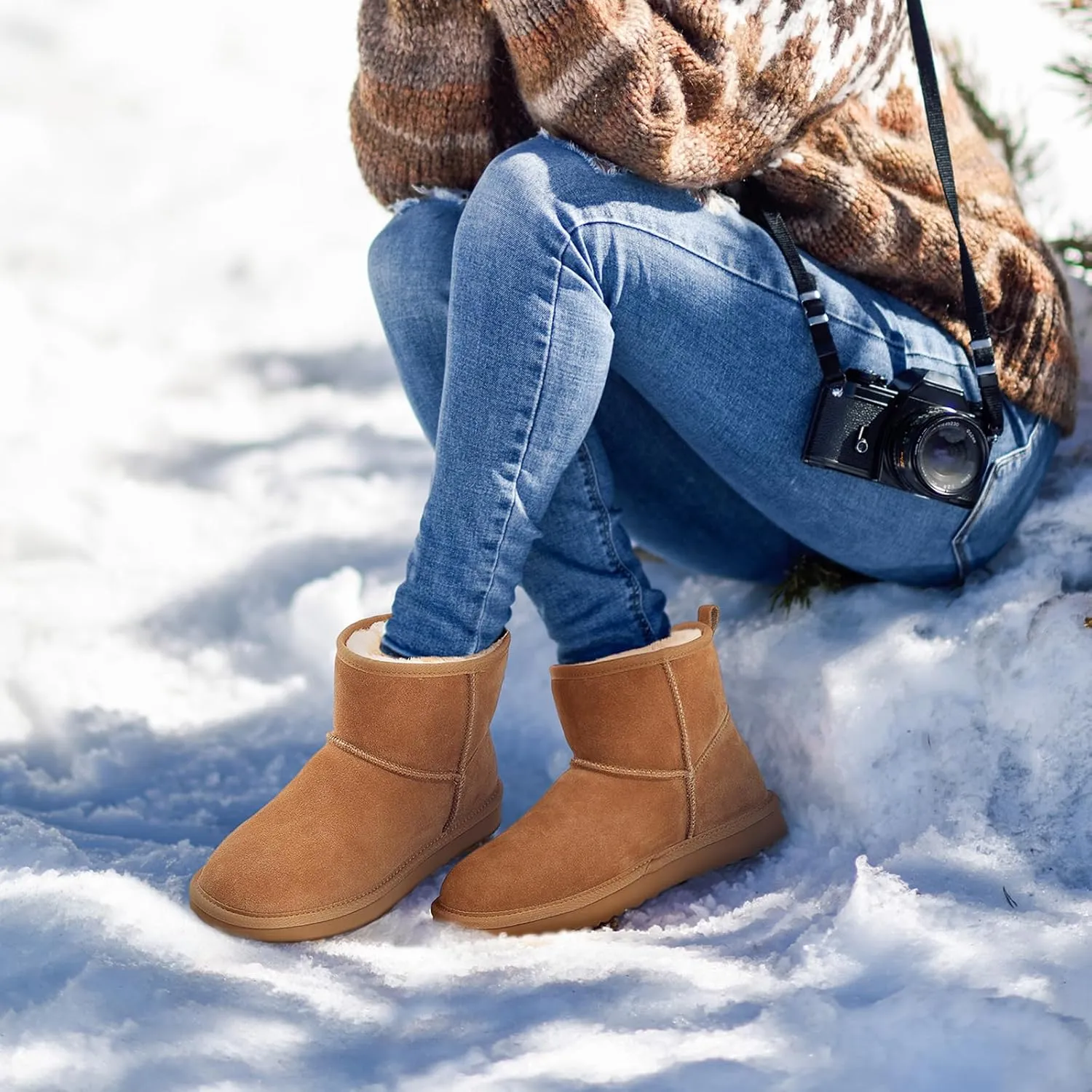 Litfun Suede Mini Boots for Women Winter Warm Fuzzy Boots Comfort Snow Boots with Fur Lined