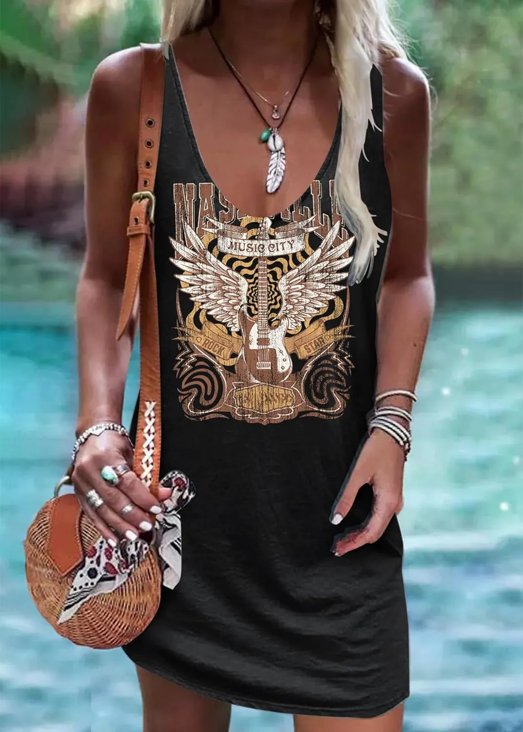 Live Simple Coconut Tree Sleeveless Mini Dress Summer Beach Mini Dress Women's Summer Casual Sexy V Neck Mini Tank Dress