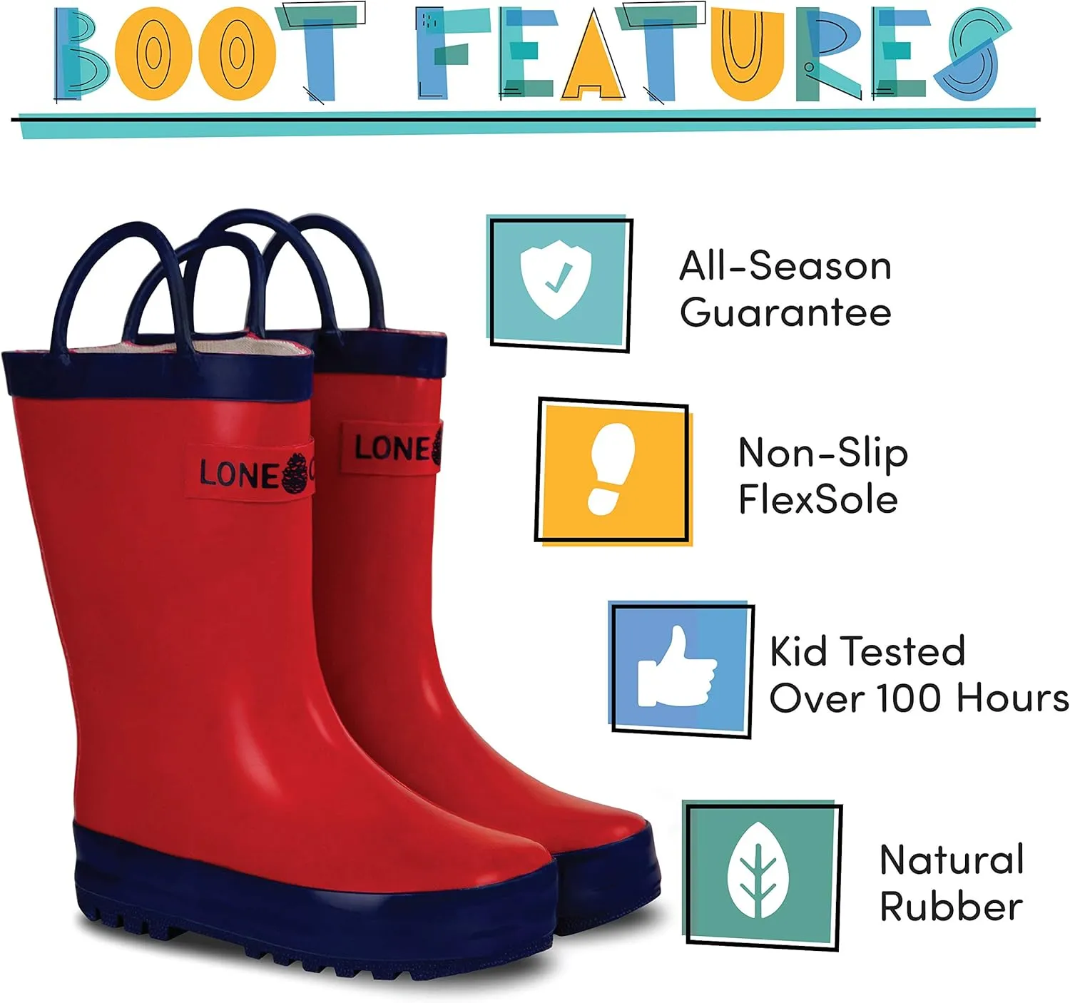Lone Cone Kids Rain Boots for Girls & Boys – Waterproof Natural Rubber Toddler Rain Boots with Non-Slip Outsole & Easy Pull Handles – Solid, Pattern & Glitter Designs