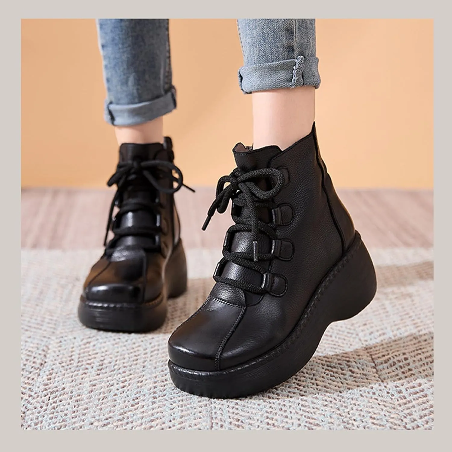 Lossarye Platform Lace-Up Leather Ankle Boots for Women Retro Round Toe Side Zipper Heightening Booties Fashion Chunky Heel Combat Boots