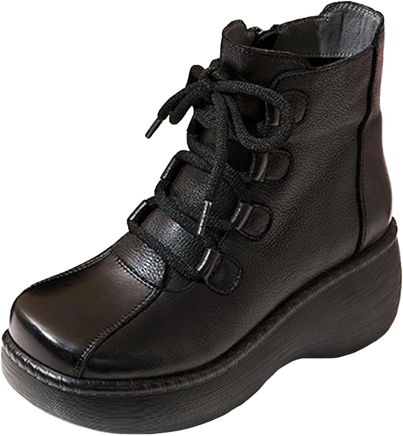 Lossarye Platform Lace-Up Leather Ankle Boots for Women Retro Round Toe Side Zipper Heightening Booties Fashion Chunky Heel Combat Boots