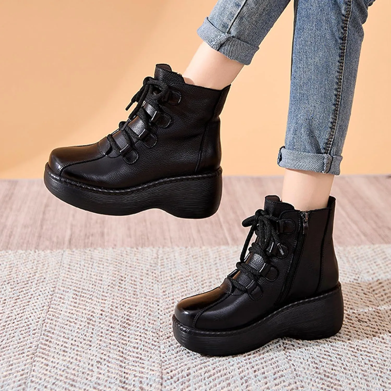 Lossarye Platform Lace-Up Leather Ankle Boots for Women Retro Round Toe Side Zipper Heightening Booties Fashion Chunky Heel Combat Boots