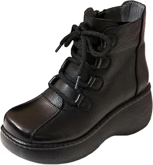 Lossarye Platform Lace-Up Leather Ankle Boots for Women Retro Round Toe Side Zipper Heightening Booties Fashion Chunky Heel Combat Boots