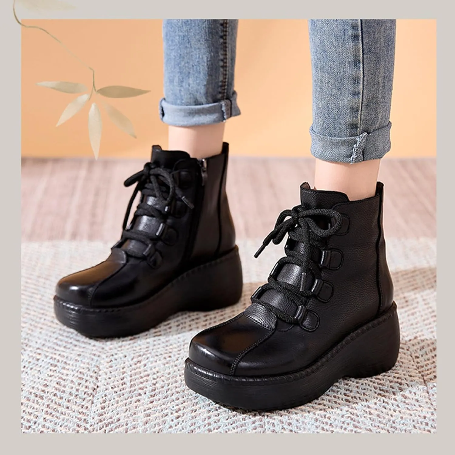 Lossarye Platform Lace-Up Leather Ankle Boots for Women Retro Round Toe Side Zipper Heightening Booties Fashion Chunky Heel Combat Boots