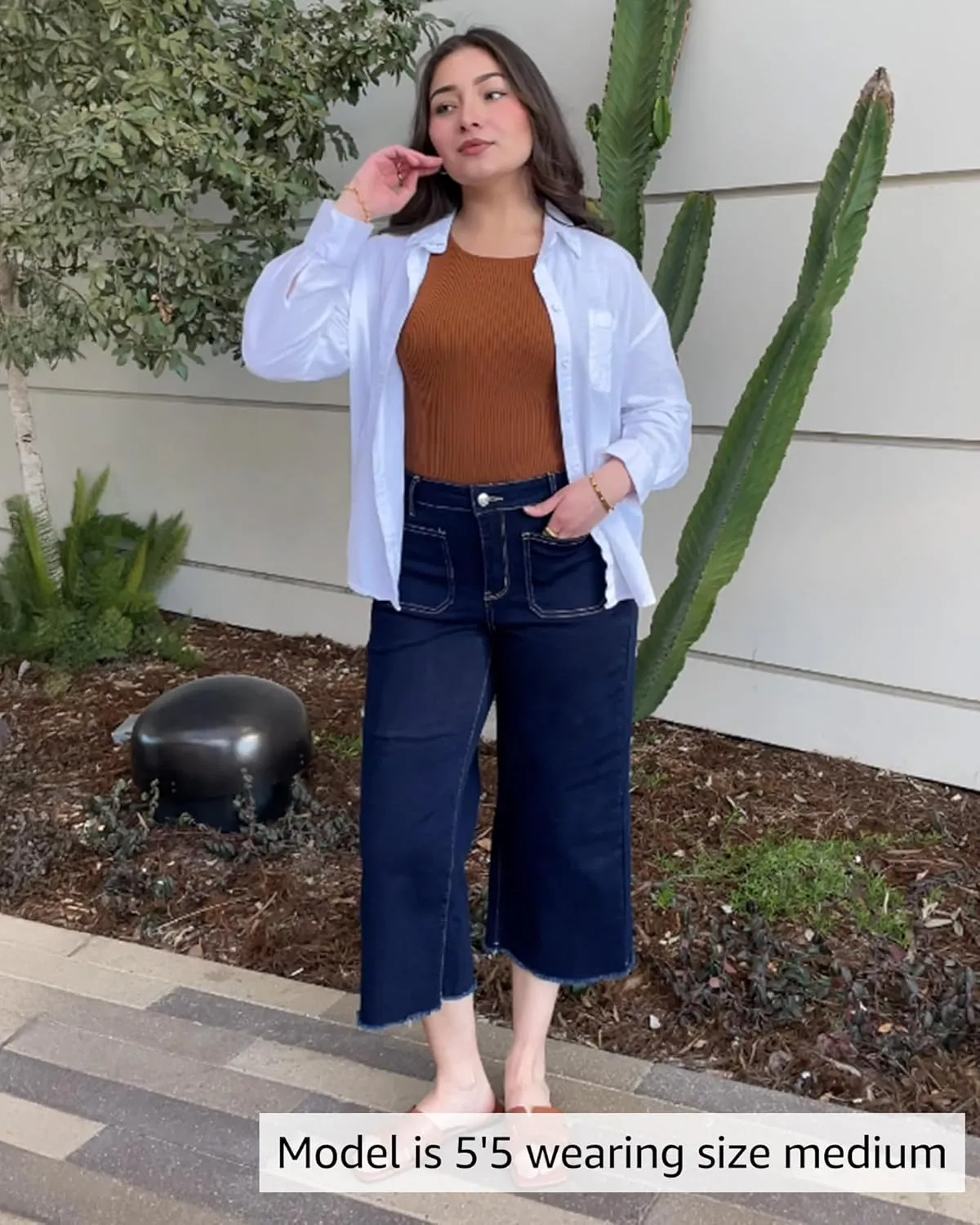 luvamia Capris Jeans for Women Wide Leg High Waisted Trendy Raw Hem Patch Pocket Cropped Stretchy Denim Capri Pants