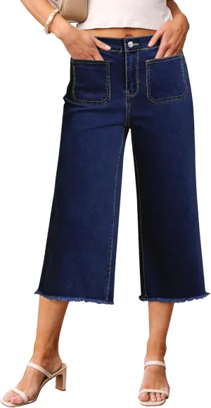luvamia Capris Jeans for Women Wide Leg High Waisted Trendy Raw Hem Patch Pocket Cropped Stretchy Denim Capri Pants