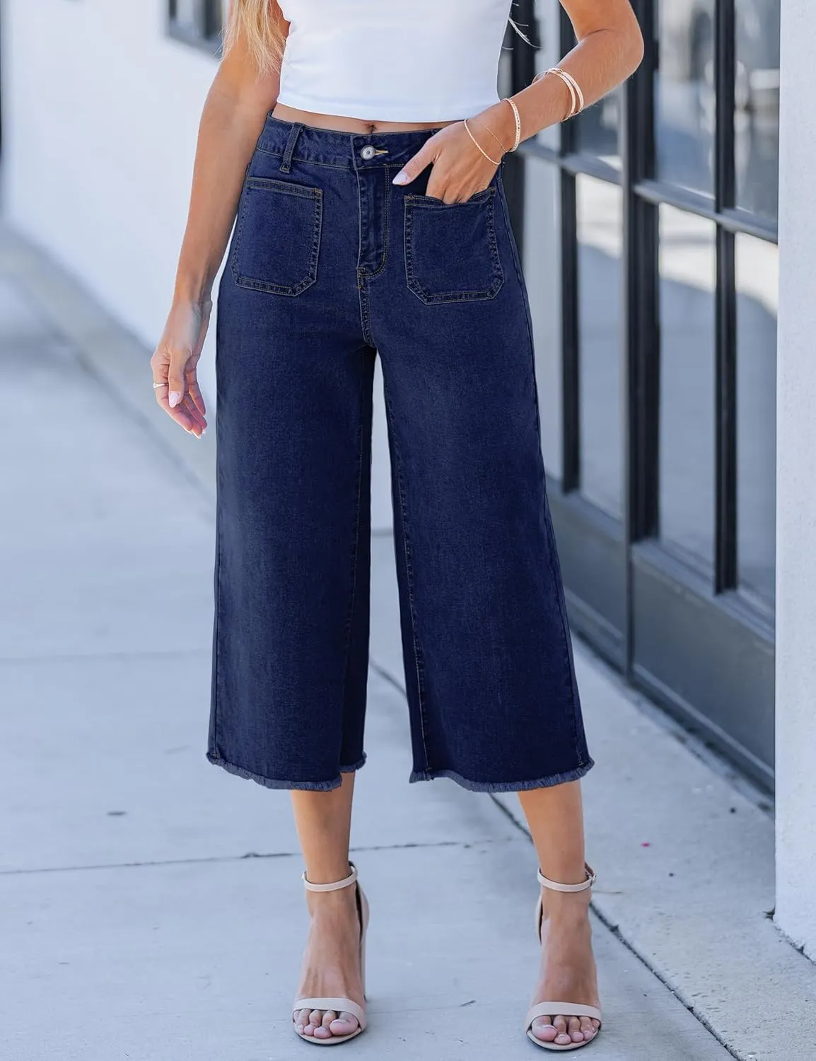luvamia Capris Jeans for Women Wide Leg High Waisted Trendy Raw Hem Patch Pocket Cropped Stretchy Denim Capri Pants