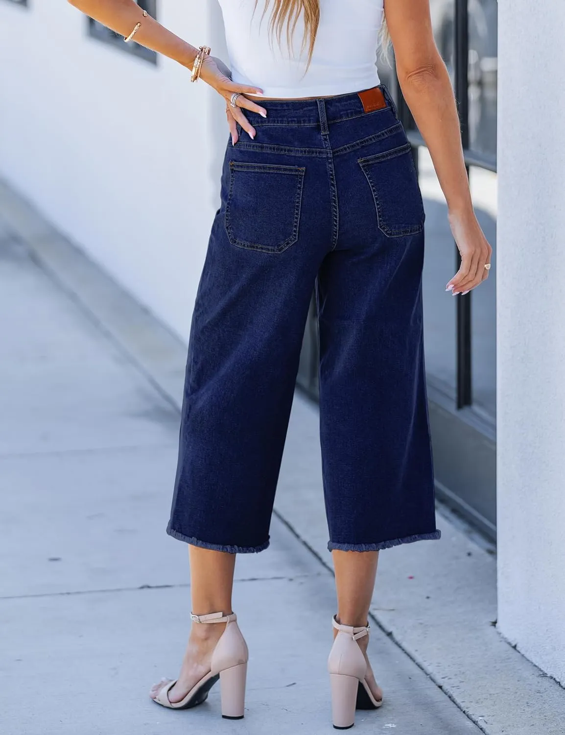 luvamia Capris Jeans for Women Wide Leg High Waisted Trendy Raw Hem Patch Pocket Cropped Stretchy Denim Capri Pants