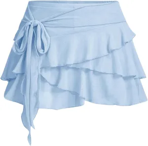 MakeMeChic Women's Y2K Sheer Mesh Mini Skirt Ruffle Hem Drop Waist Layered Tie Side Short Skirts