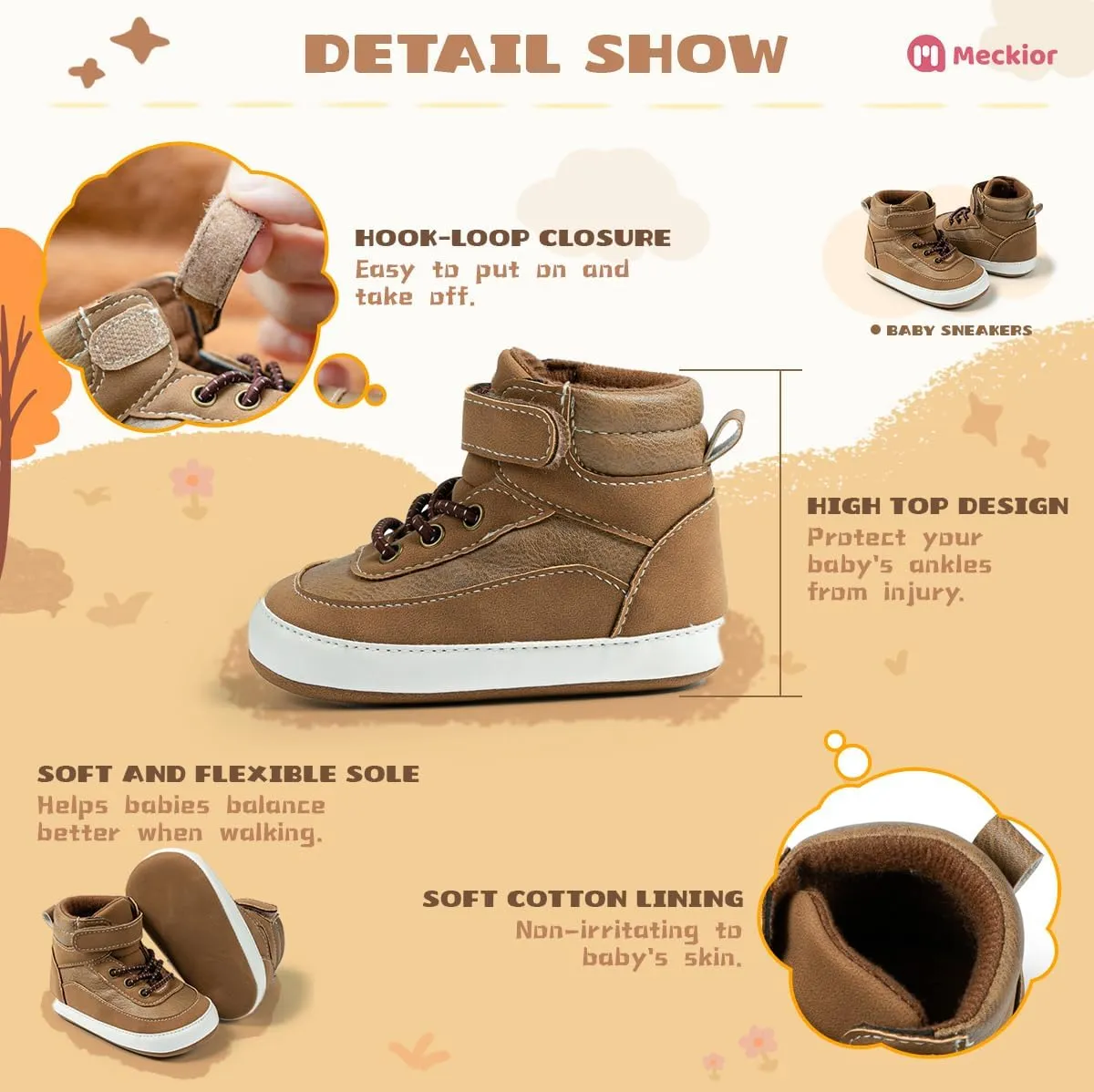 Meckior Toddler Baby Boys Girls High Tops Ankle Sneakers Soft Anti-Slip Sole PU Leather Moccasins Infant Newborn Prewalker First Walking Crib Shoes