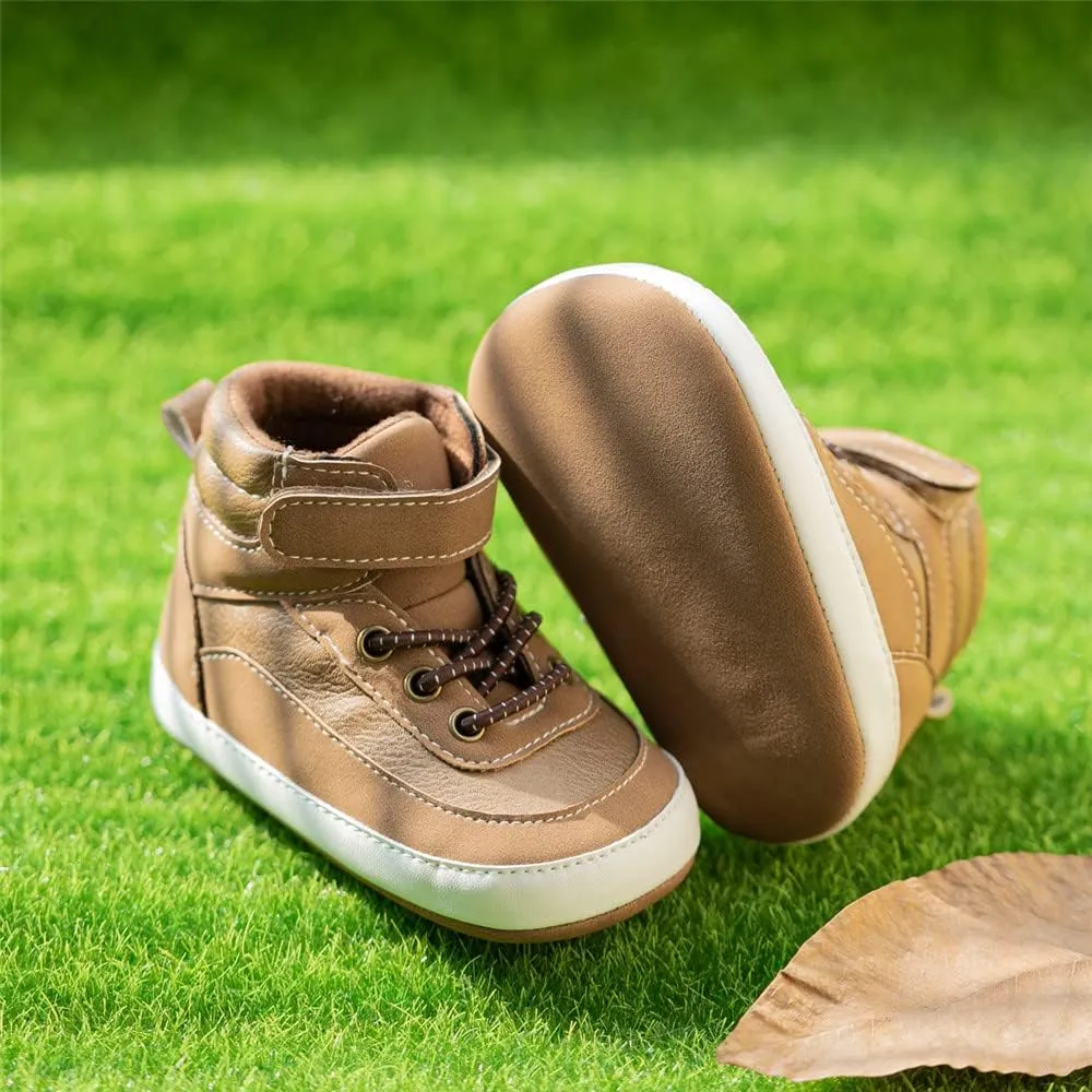 Meckior Toddler Baby Boys Girls High Tops Ankle Sneakers Soft Anti-Slip Sole PU Leather Moccasins Infant Newborn Prewalker First Walking Crib Shoes