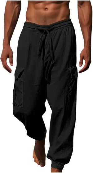 Mens Casual Pants Fall Solid Simple Drawstring Pants Lightweight Baggy Hiking Workout Sweatpants with Multi Pockets