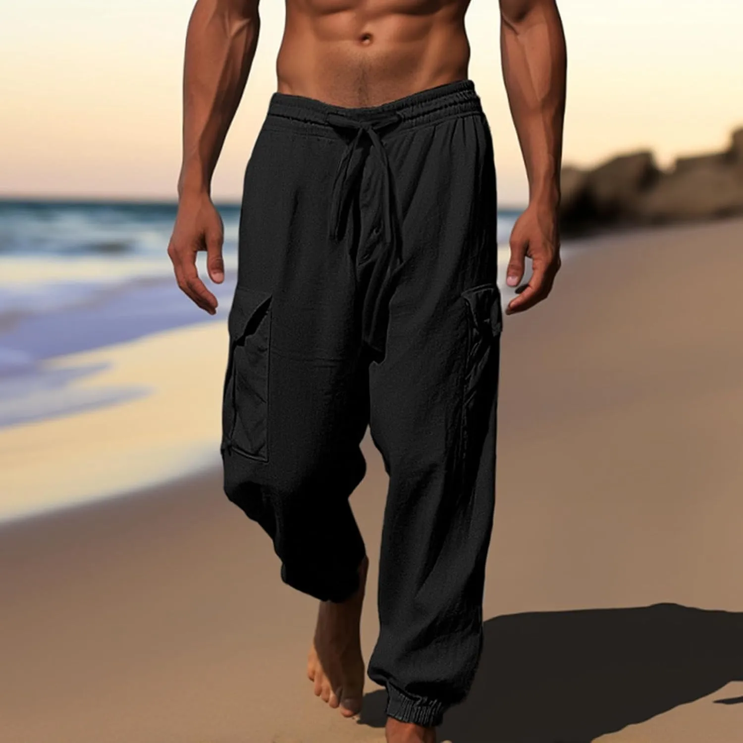 Mens Casual Pants Fall Solid Simple Drawstring Pants Lightweight Baggy Hiking Workout Sweatpants with Multi Pockets
