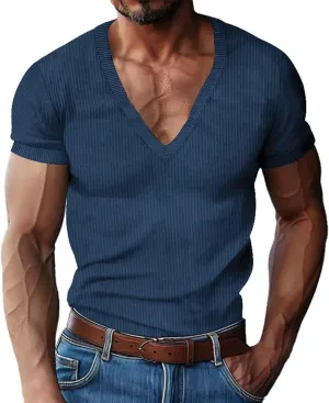 Men's Deep V Neck Muscle T Shirts Summer Ribbed Stretch Gym Workout Tee Shirt Casual Short Sleeve Low Cut Knit Tops