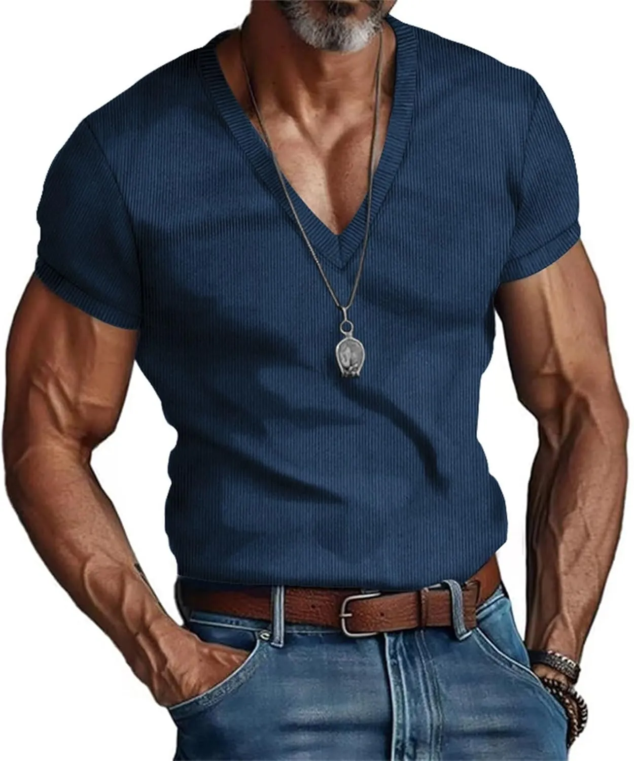 Men's Deep V Neck Muscle T Shirts Summer Ribbed Stretch Gym Workout Tee Shirt Casual Short Sleeve Low Cut Knit Tops