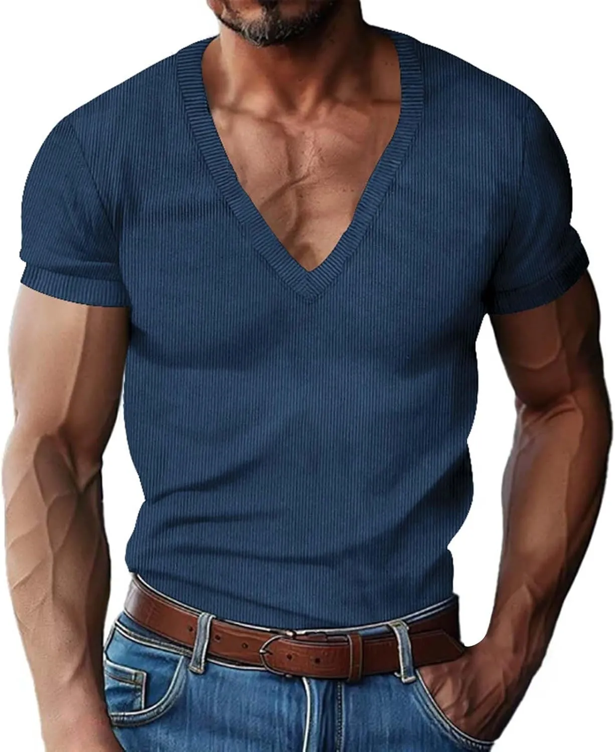 Men's Deep V Neck Muscle T Shirts Summer Ribbed Stretch Gym Workout Tee Shirt Casual Short Sleeve Low Cut Knit Tops