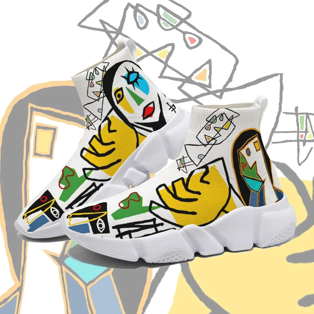 Men's Fashion Graffiti Shoes - Plus Size Tennis Trainers Abstract Art Sock Sneakers for Women