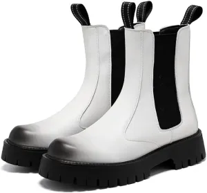 Men's Leather Platform Chelsea Boots Lug Sole Chunky Heel Brogue Dress Ankle Boots Round Toe Retro Slip-On Oxfords Boot