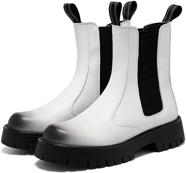 Men's Leather Platform Chelsea Boots Lug Sole Chunky Heel Brogue Dress Ankle Boots Round Toe Retro Slip-On Oxfords Boot