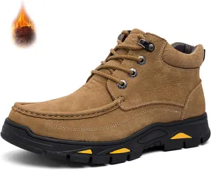 Men's Real Leather Lace-Up Platform Hiking Boots Fashion High Top Round Toe Handmade Lightweight Non-Slip Trekking Shoes Casual Climbing Hiker Outdoor Boots