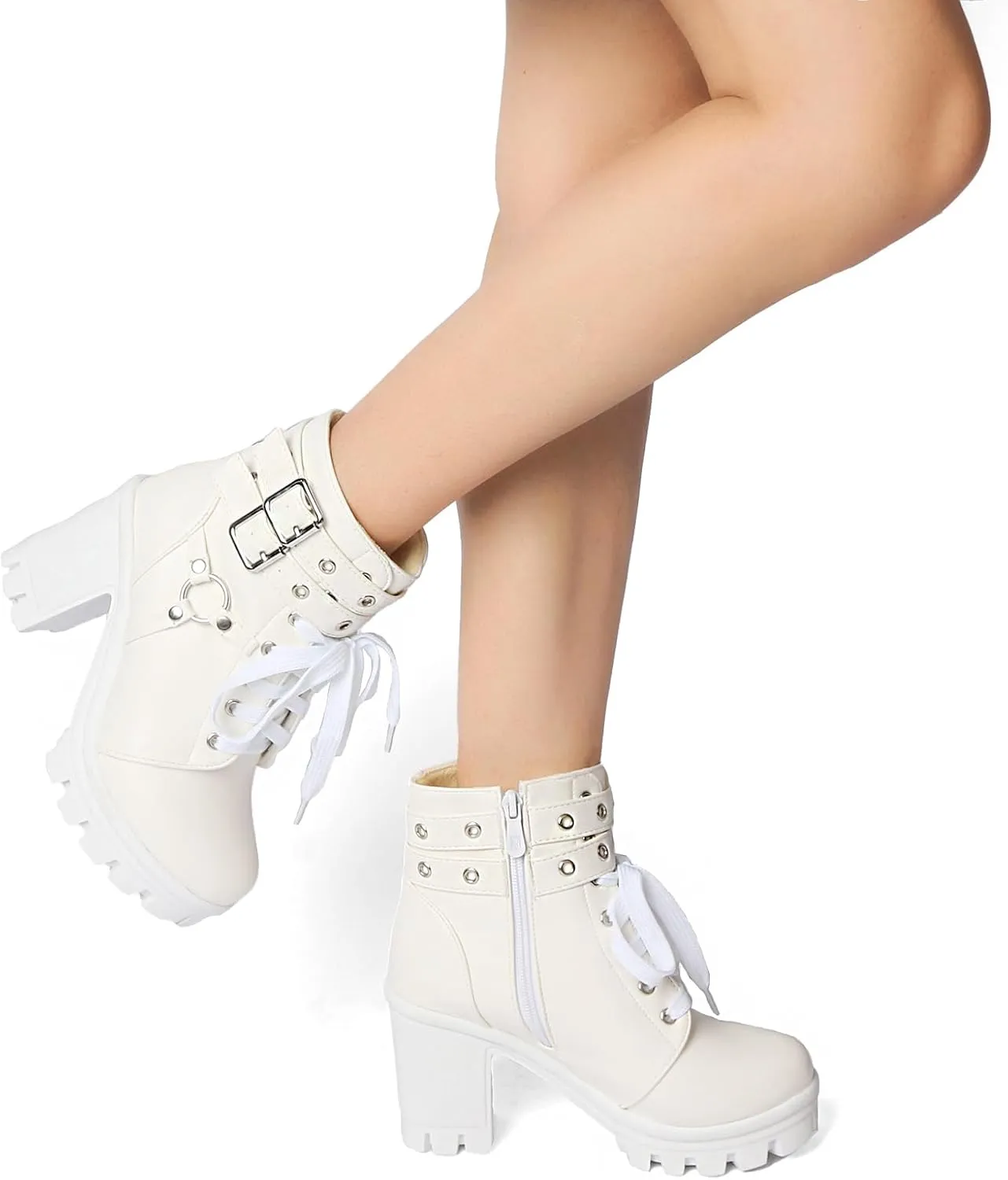 MEOTINA Goth Platform Black Boots for Women Dressy Chunky Combat Boot Buckle Gothic Booites Zipper Rivets Rave Shoes
