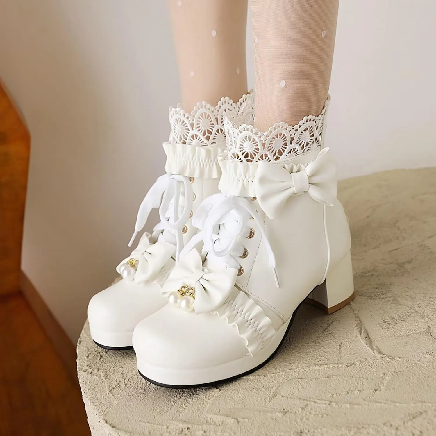 MEOTINA Goth Platform Boots Chunky High Heels Ankle Boots Lace Buckle Gothic Cosplay Booties Zipper Punk Shoes