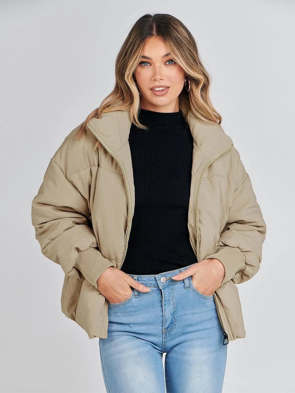 MEROKEETY Women's 2025 Winter Long Sleeve Zip Puffer Jacket Pockets Baggy Short Coats