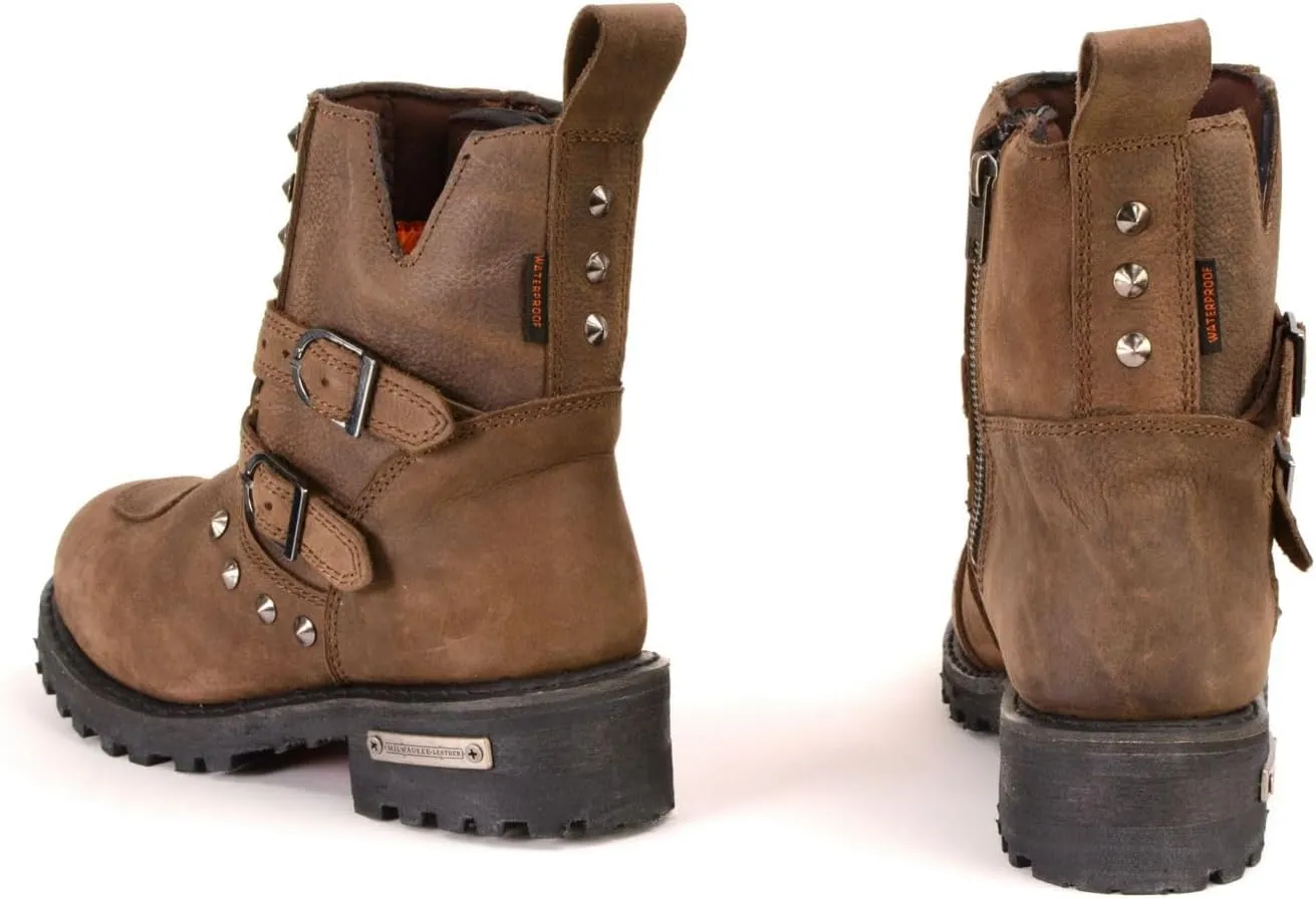 Milwaukee Leather MBL9306 Women's Premium Brown Leather Double Strap Motorcyle Riding Boots - 6.5